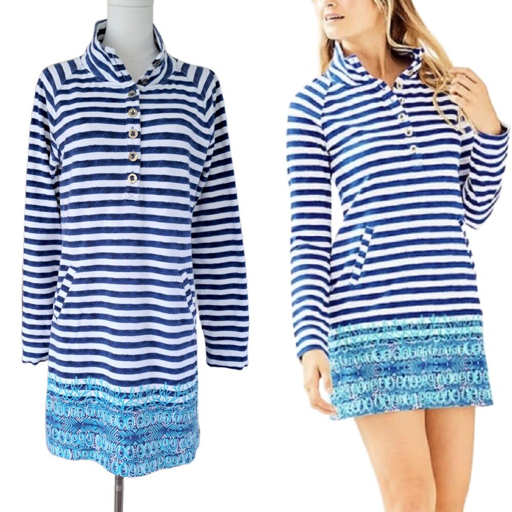 LILLY PULITZER Captain Popover Mini Dress Medium Navy Positano Stripe Long Sleev